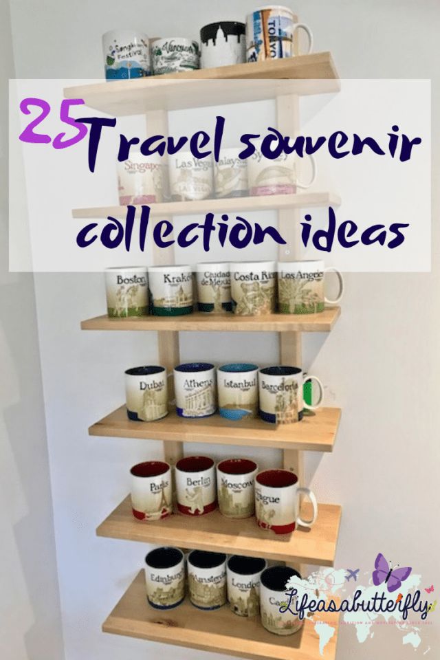 some shelves with coffee mugs on them and the words 25 travel souvenir collection ideas