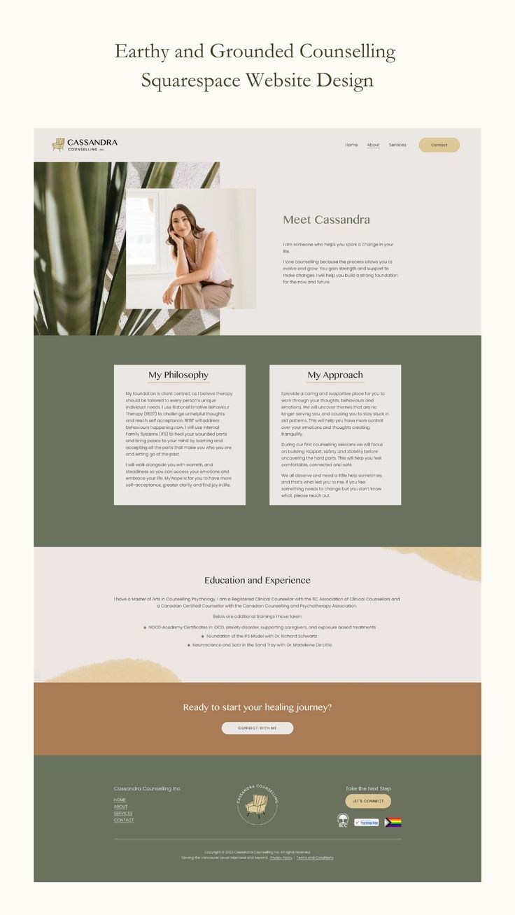 the website design for earth and grounded consulting, with an image of a woman sitting on