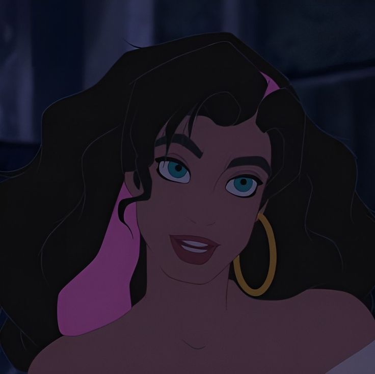 an animated image of a woman with blue eyes and long hair, wearing large hoop earrings