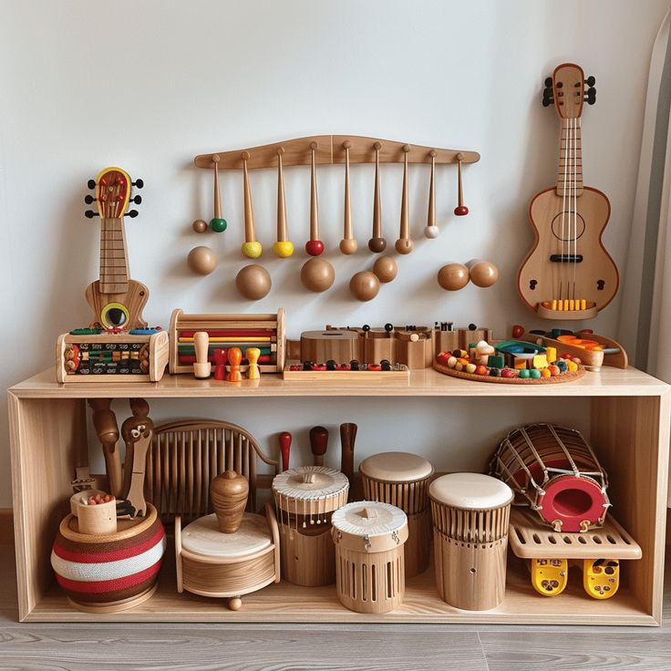 a wooden shelf with musical instruments and toys on it's shelves in a child's room