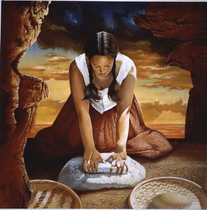 a painting of a woman sitting on top of a rock