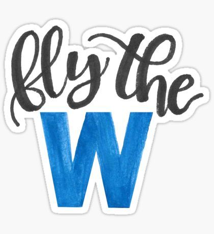 the word fly the w is painted in black and blue on a white sticker