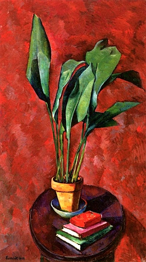 a painting of a potted plant sitting on top of a table next to books