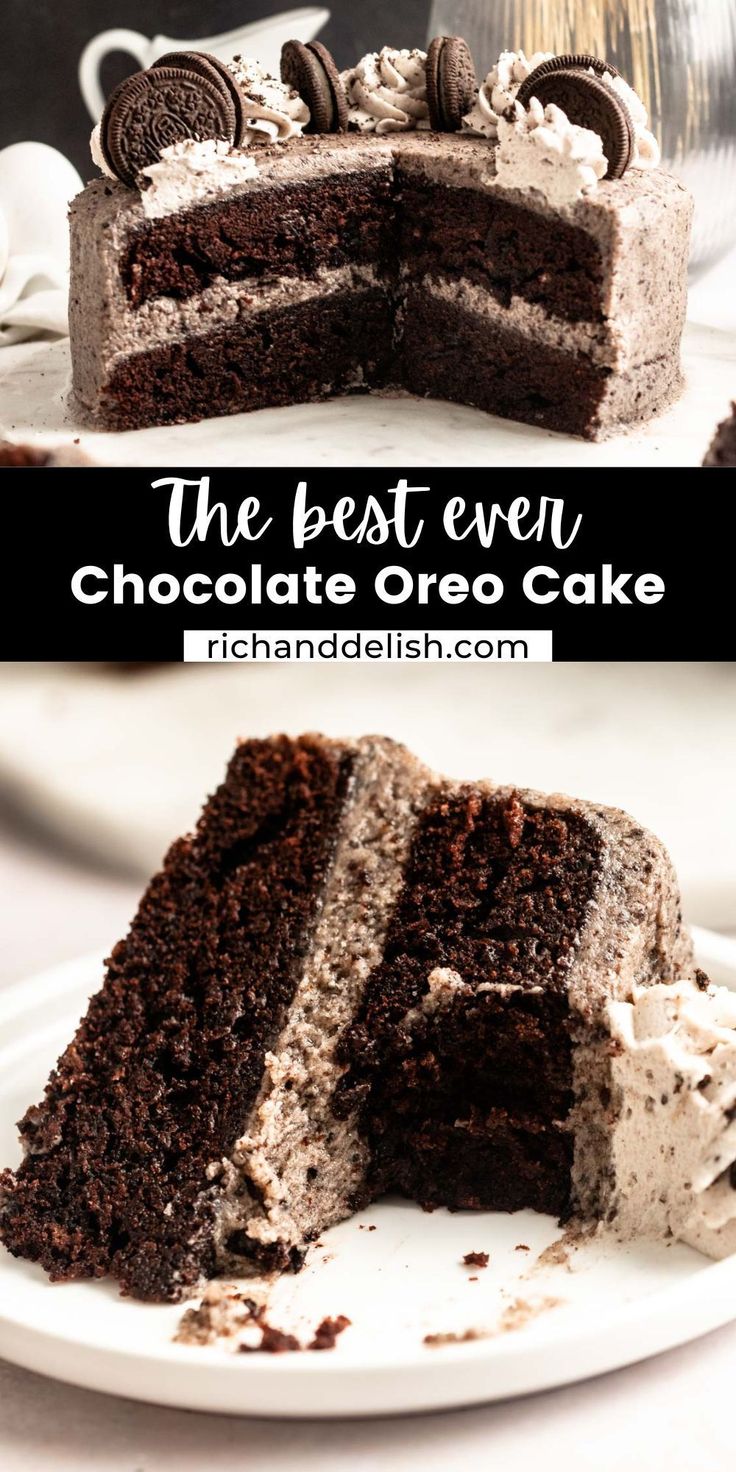 the best ever chocolate oreo cake on a white plate with one slice cut out