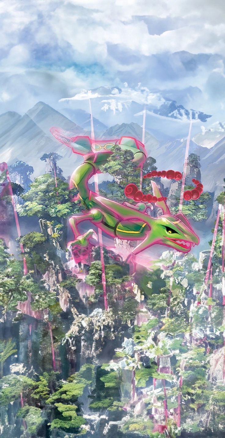 an artistic painting of a lizard in the middle of a forest with mountains behind it