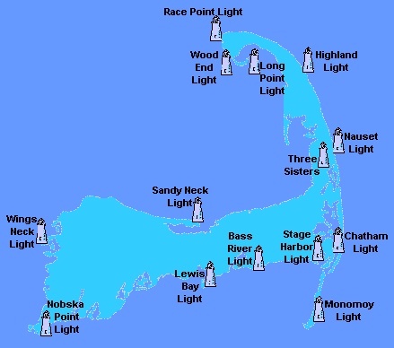 a map showing the location of several lighthouses