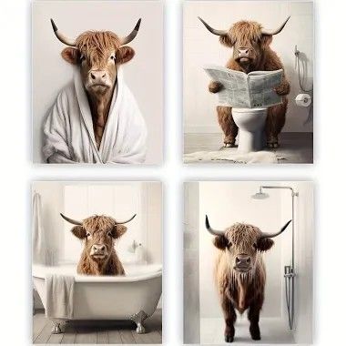 four pictures of cows with towels on their heads, one is reading the newspaper while the other is sitting in a bathtub