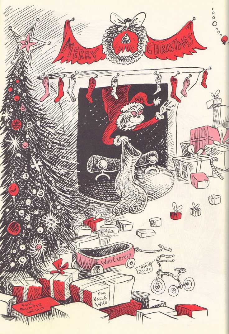 an old fashioned christmas card with santa in front of a fireplace and presents under the tree