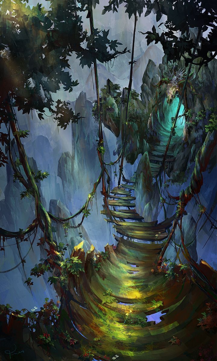 a painting of a stairway leading up to the top of a mountain with lots of trees