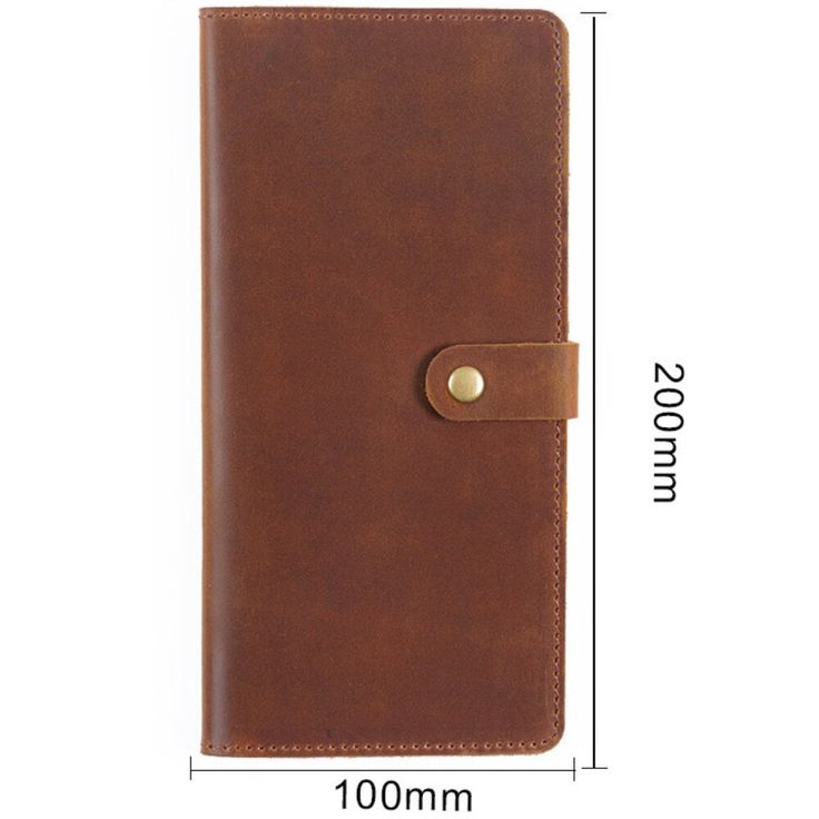 a brown leather notebook with a gold button on the front and side, measurements for each page