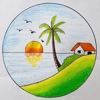 a drawing of a house and palm tree