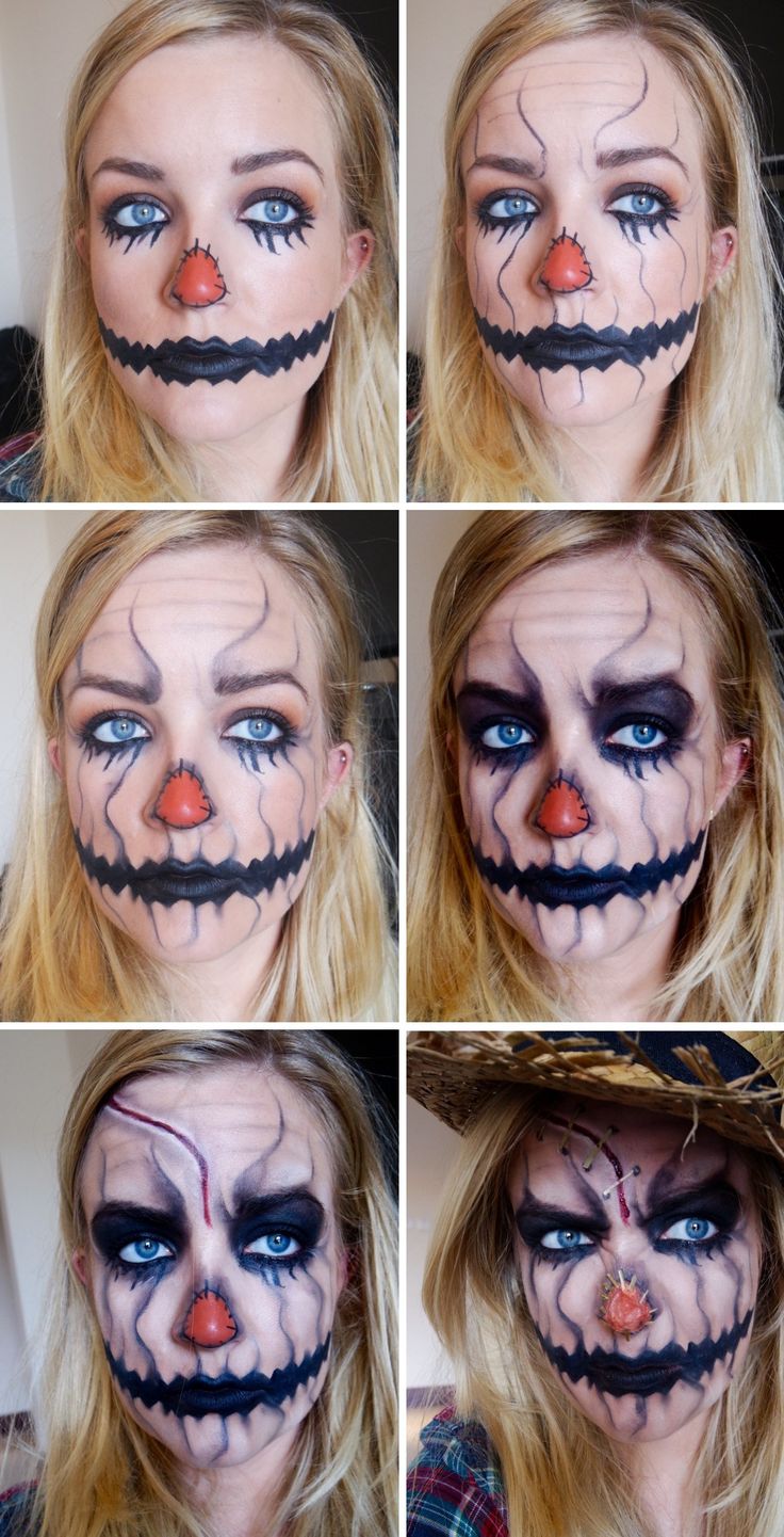 Halloween Makeup Ideas Pumpkin Makeup Ideas, Scarecrow Halloween Makeup, Diy Halloween Costume Ideas, Make Up Diy, Scarecrow Makeup, Halloween Make-up Looks, Halloweenský Makeup, Scarecrow Halloween, Scary Halloween Pumpkins