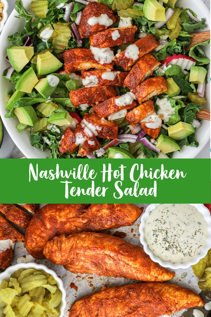 a salad with chicken, avocado and ranch dressing on it is shown in this collage