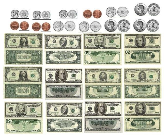 twenty and twenty dollars are arranged in rows on a white background, including one dollar