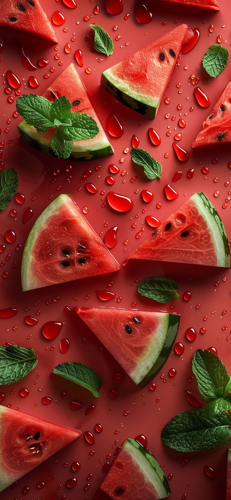 slices of watermelon with mint leaves and drops of water on a red surface