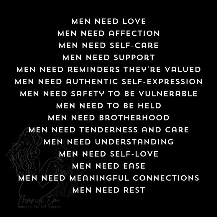 a poem written in white on a black background with the words men need love, men need affection, men need self care, men need support