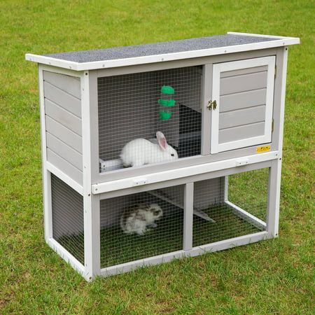 a rabbit house with two rabbits inside and one in it's cage on the grass