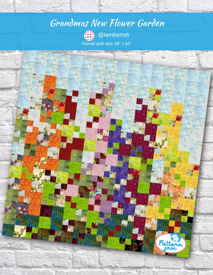 the cover of grandma's new flower garden quilt pattern is shown on a white brick wall