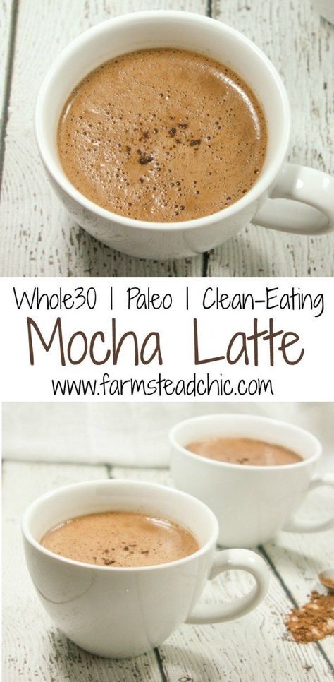 two cups of mocha latte on a white wooden table with text overlay