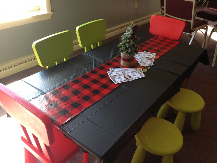 the table is covered with red and black checkered cloth