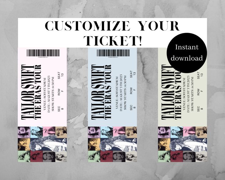 two tickets with the words, customize your ticket instant download and an image of people's faces on them