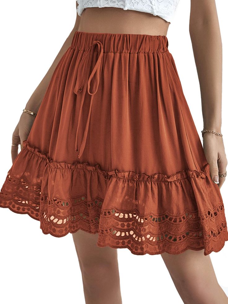 PRICES MAY VARY. Solid color, cut out lace design, elastic waist, pleated details, swing ruffle hem, plain flowy short skirt for women and girls. Relax fit, above knee, high waist, self tie knot. Scallop hem a line skirt with elastic waist design, bring you a comfotable day while highlight your body curve, make your leg look longer. Casual and cute style. Pair this pleated high waist swing short skirt with any tops, tee, blouse, shirt for a beautiful look. Elastic waist cut out lace short skirt Pleated Skirts Short, Flowy Mini Skirt Outfit, Amazon Skirts, Casual Mini Skirt, Clothes Skirts, Flowy Mini Skirt, Ruffle Skirts, Skirts Floral, Pleated Skirt Short