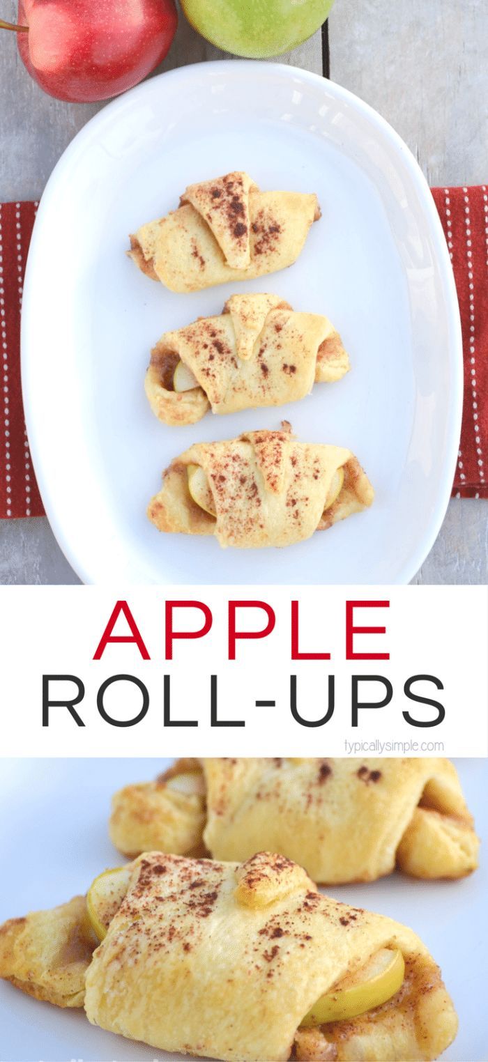 apple roll - ups on a plate with apples in the background and text overlay