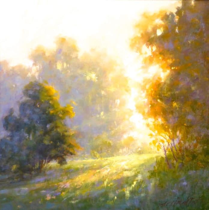 an oil painting of trees and grass in the sunbeams on a sunny day