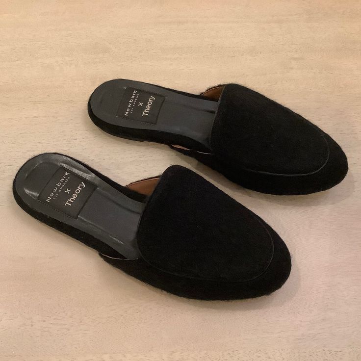 Brand New Simple Black Slip-On Flats From Newbark X Theory. Women’s Size 6-1/2. Leather Insole And Bottom With Black Faux Fur Uppers. Casual Black Suede Slippers, Black Slip-on Mules With Suede Lining, Black Suede Slippers With Rubber Sole, Black Suede Mules With Leather Footbed, Black Leather Slippers With Almond Toe, Black Leather Almond Toe Slippers, Classic Black Mules With Rubber Sole, Black Leather Footbed Slippers For Formal Occasions, Classic Black Slip-on Slippers