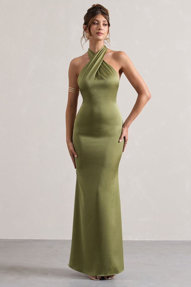 Unbeatable Olive Satin Cross Over Halter-Neck Maxi Dress – Club L London - USA Dark Green Maxi Dress, Olive Green Bridesmaid Dresses, Midi Bridesmaid Dress, Bridesmaid Attire, Club L London, Halter Neck Maxi Dress, Olive Green Dresses, Fishtail Skirt, Black Tie Gala