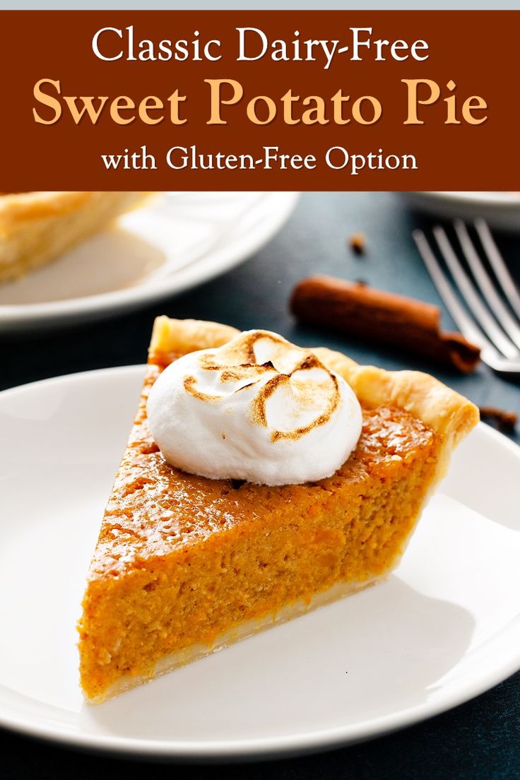 a slice of classic dairy - free sweet potato pie with glutenfree option