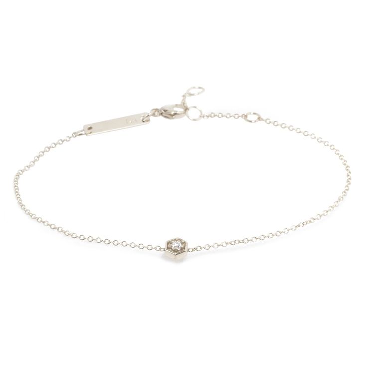 14k gold hexagon bracelet with a round white diamond in the middle SPECIFICS• 14k cable chain adjustable at 6-6.5-7"• white diamonds .05 ctw Hexagon Bracelet, White Diamonds, 14kt Gold, Bracelet Sizes, Cable Chain, Delicate Bracelet, White Diamond, In The Middle, Diamond White