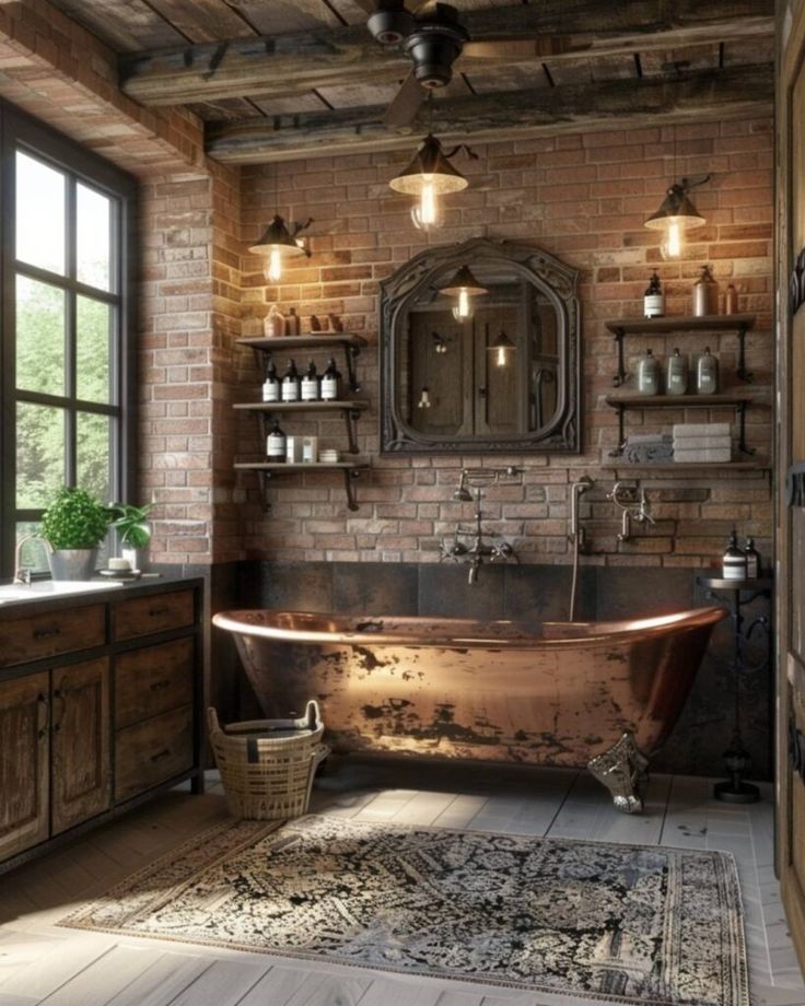 an old fashioned bathtub is in the middle of a rustic bathroom with brick walls