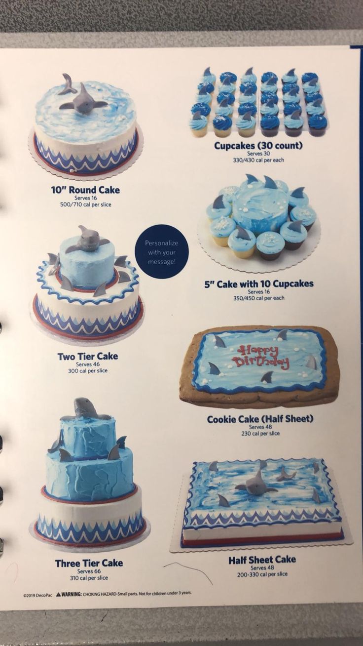 a menu for cakes and cupcakes with dolphin images on them, including two tier cake