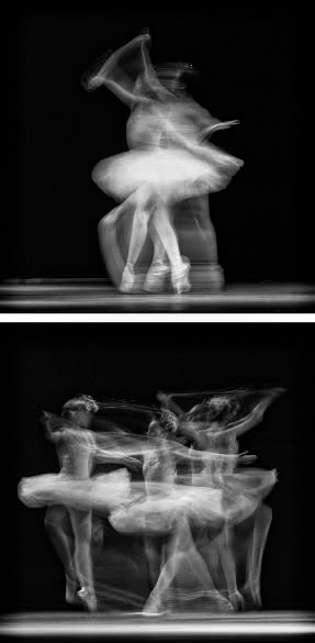 two photographs of dancers in motion, one is blurry and the other is black and white