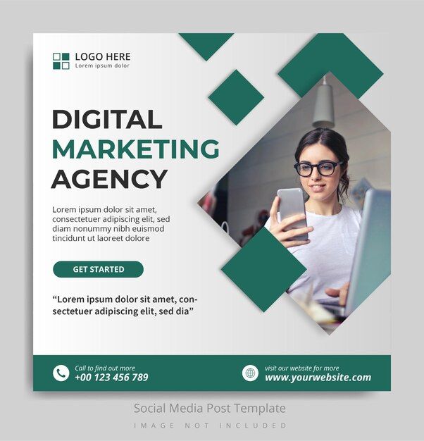 a green and white flyer with a woman using a laptop on the front, text reads digital marketing agency get started