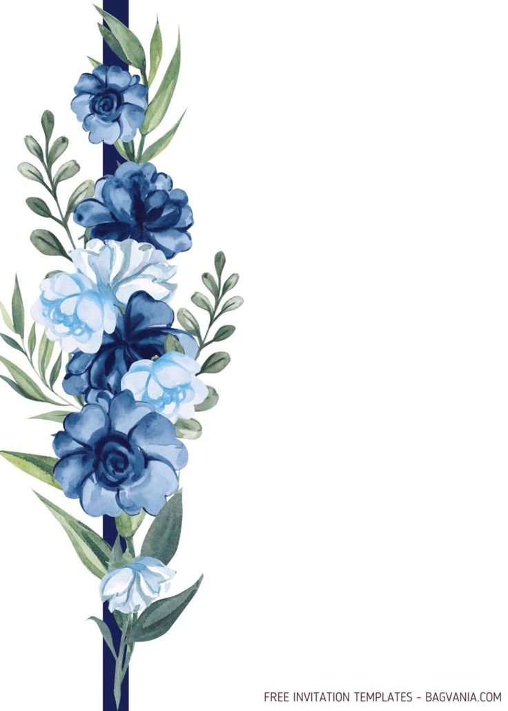 blue flowers and green leaves are on the corner of a white background with an empty space for