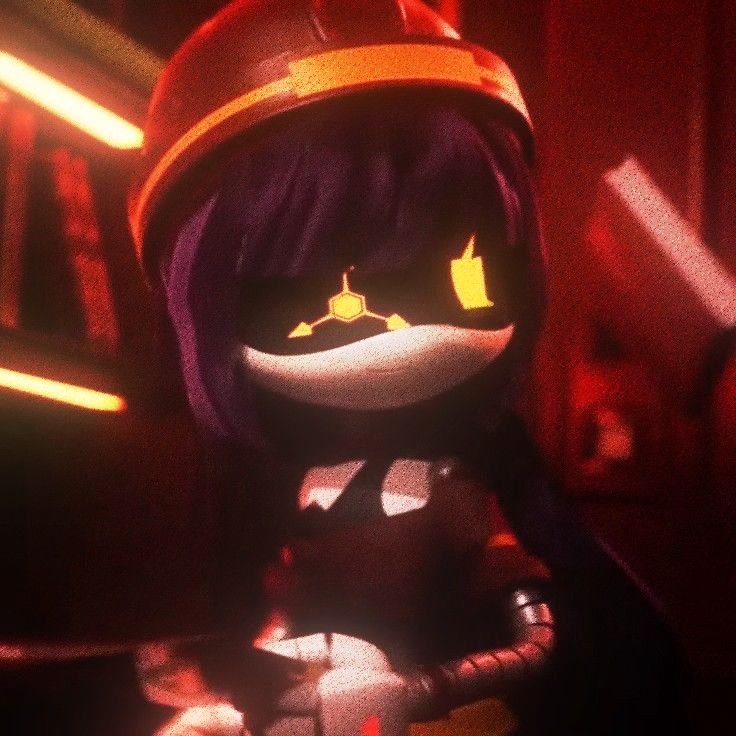 an animated character wearing a red helmet and purple hair, standing in a dark room