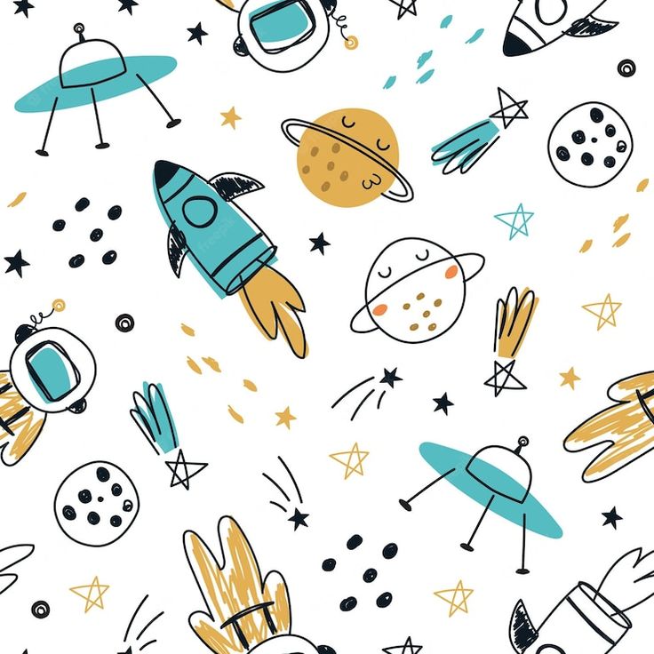 an image of a pattern with space related items on white background for wallpaper or fabric