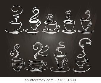 coffee cups and saucers drawn with chalk on a blackboard in the shape of numbers