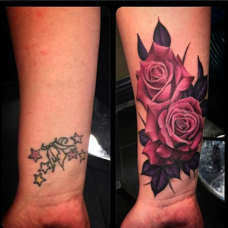 two tattoos with roses and stars on their arms, one has a star tattoo on the other