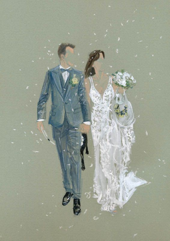 Watercolor Wedding Dress Painting, Wedding Art Drawing, Wedding Drawing Art, Wedding Art Illustration, Wedding Painting Ideas, Wedding Illustration Drawings, Cartoon Romance, Wedding Art Painting, Watercolor Wedding Dress