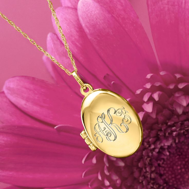 Ross-Simons - Monogram - 14kt Yellow Gold Oval Locket Necklace. 18". This charming locket necklace will hold your something special nice and close, so you never have to go long without it again. The oval pendant glows bright in polished 14kt yellow gold, and can be personalized with a FREE engraving of a monogram in your choice of block or script type. Fits a 3/8" x 9/16" photo inside. Suspends from a rope chain. Springring clasp, 14kt yellow gold oval locket necklace. Personalized Oval Locket Necklace In Yellow Gold, Yellow Gold Oval Jewelry For Personalized Gift, Gold Oval Pendant Locket Necklace For Personalized Gift, Elegant Locket Necklace With Hallmark For Mother's Day, Personalized Oval Yellow Gold Locket Necklace, Oval Yellow Gold Locket Necklace For Personalized Gift, Oval Locket Necklaces For Mother's Day, Oval Gold Locket Necklace For Personalized Gift, Gold Oval Locket Necklace For Personalized Gift