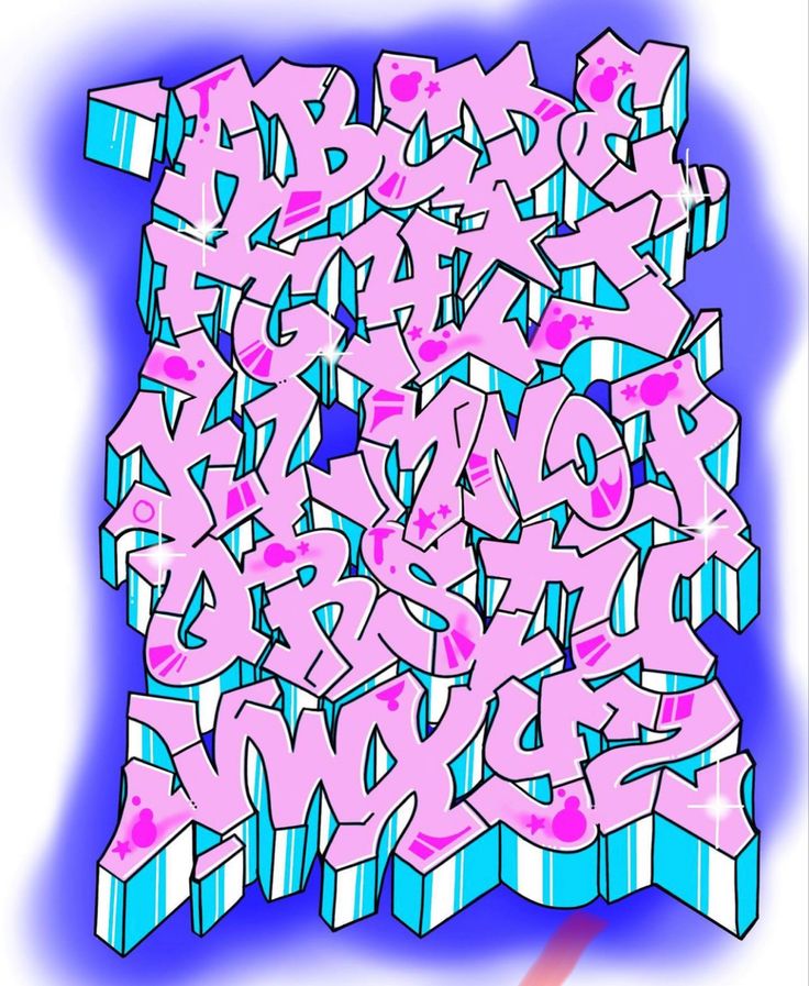 an image of graffiti written in pink and blue on a white background with the letters below it