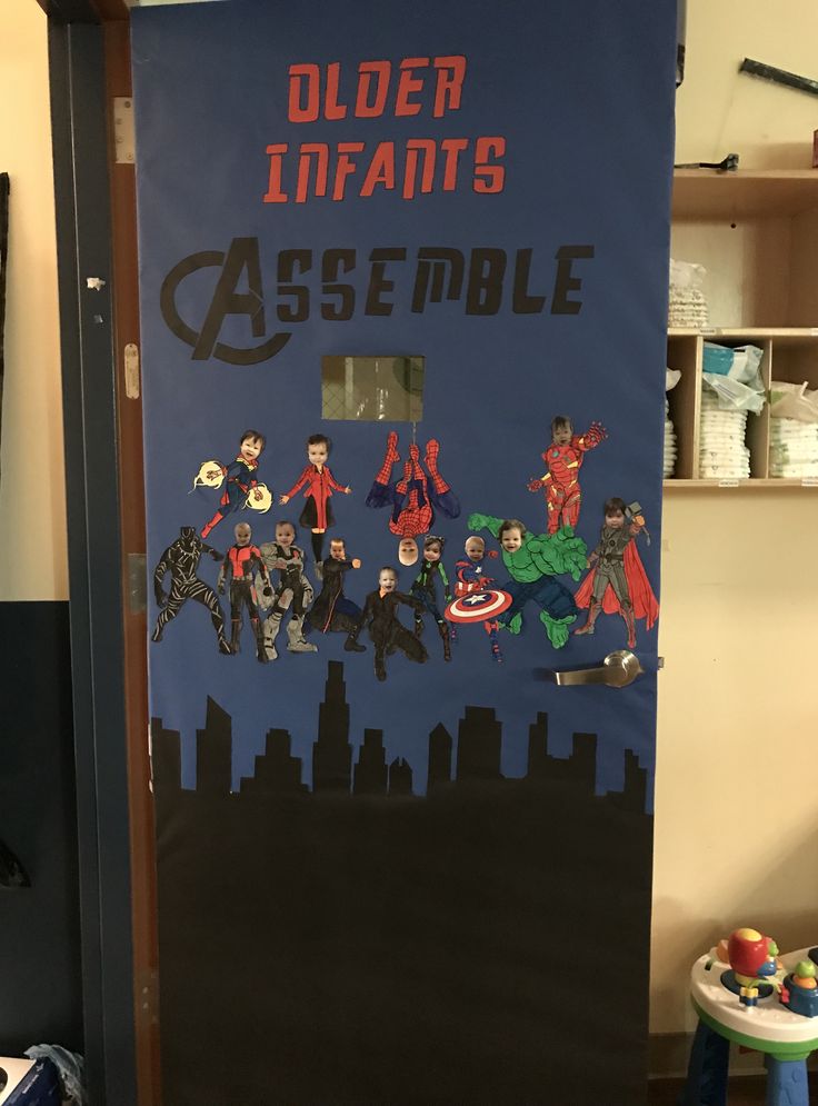 a door decorated to look like the avengers assemble