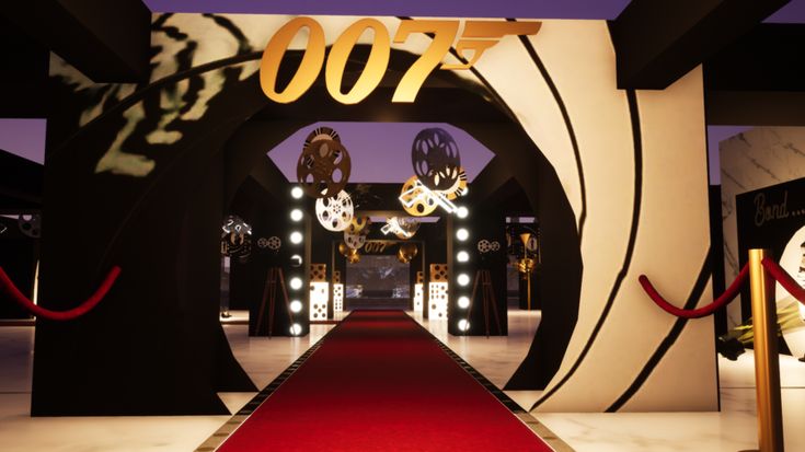 a red carpet is on the floor in front of an entrance to a building with clocks and lights