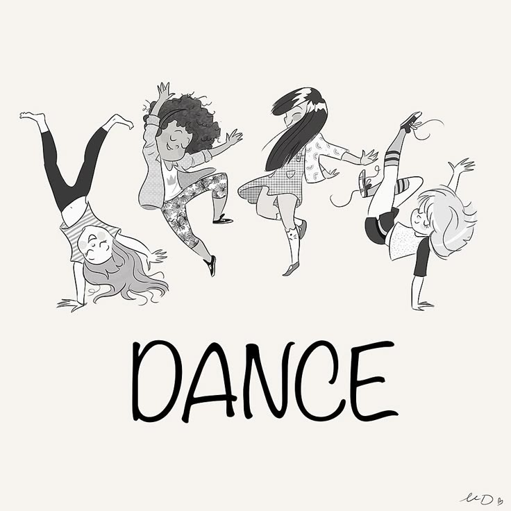 some people are dancing and the word dance is written in black on a white background