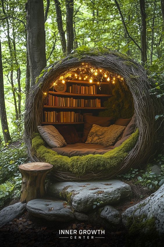 a bed made out of branches in the woods with bookshelves and fairy lights