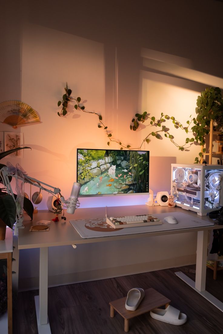 a desk with a computer monitor, keyboard and mouse on it in front of a plant