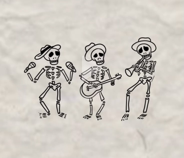 three skeletons with hats and guitars playing music